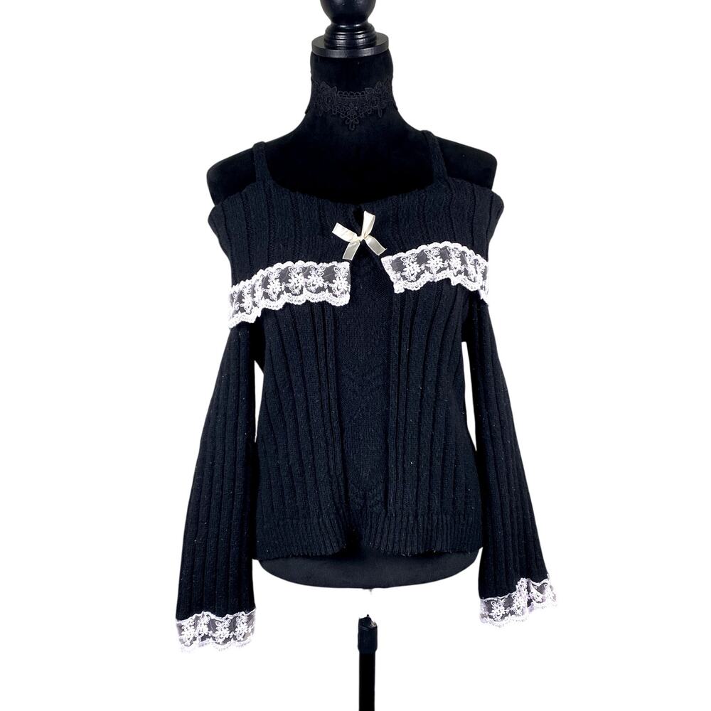 adorable coquette lolita grunge soft goth romantic off the shoulder lace sweater